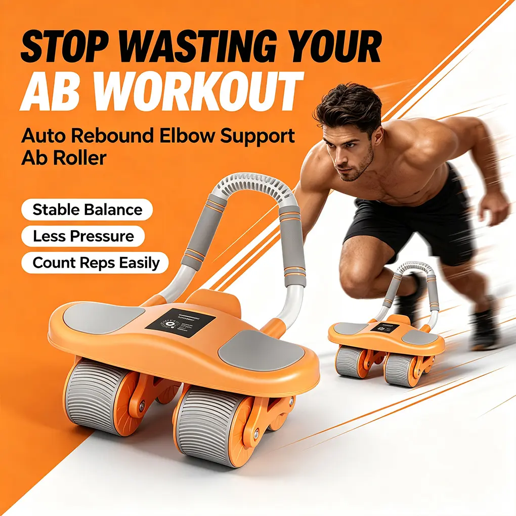 Portable Auto-Rebound Abdominal Roller with Elbow Support Pad & Digital Smart Counter, 4-Wheel Anti-Tip Core Fitness Trainer for Home Indoor Use (Men, Women)