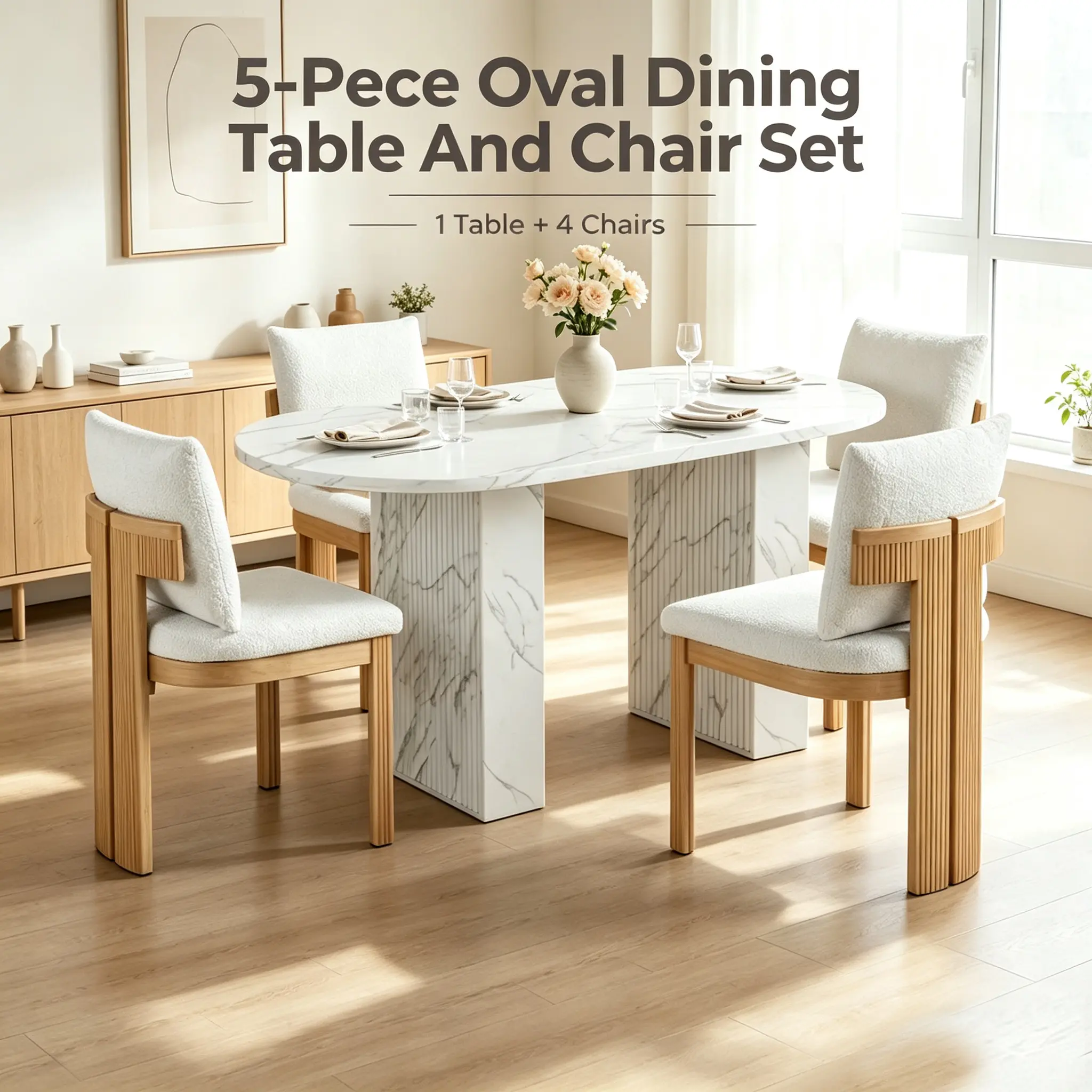 5-Piece Oval Dining  & 4 Chairs Set | Modern Farmhouse White MDF  + Beige Boucle Chairs | Waterproof Scratch-Resistant | Dining Room easy clean accent furniture breakfast nook space-saving kitchen table chair set home modesto dining table set garvee