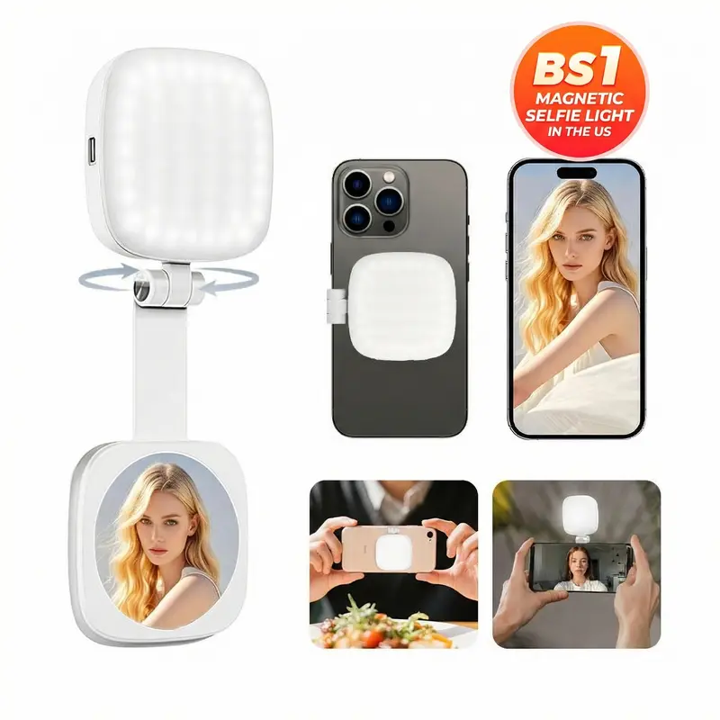 Portable Magnetic Selfie LED Light - MagSafe for iPhone, Samsung Galaxy, Android Smartphones, 48 Premium LEDs, 4 Modes, 5 Brightness Levels, Phone Mount Light with Mirror, Smartphone Camera Accessories, Content Creator Gear, Ideal for Makeup