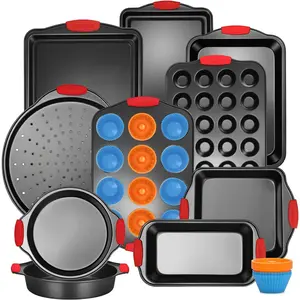 Baking Pans Set with Silicone Handles, 34 PCS Nonstick Bakeware Sets, Oven Pan Set Includes Baking Tray, Cookie Sheet, Cake Pans, Loaf Pan, Muffin Pan, Pizza Pan