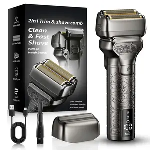[DealsForYouDays]SHPAVVER Gladiator Shaver 2 in 1 Electric Shaver & Trimmer for Men – Dual Blade Foil Razor for Wet & Dry Use IPX7 Waterproof Beard Trimmer with LED Display/Metal Handle/Travel Lock/Fast Charging, Metallic Gray Glod