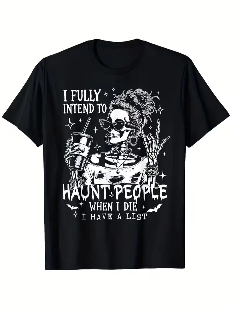 Men's Soft Cotton Sporty Spooky Halloween T-Shirt - Playful Skeleton Print, Humorous Quote "I Fully Intend to Haunt People When I Die", Round Neck, Short-Sleeved, Extra Long Casual Fashion Clothes, All-Season, Multi-Size