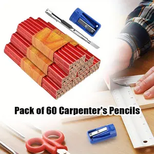60Pcs Professional Woodworking Pencils - Flat Black Octagonal Design, Durable Wooden Body with Graphite Lead Refill, Precision Marking for Carpentry & Woodwork Projects, Woodworking Tools - Home Improvement.