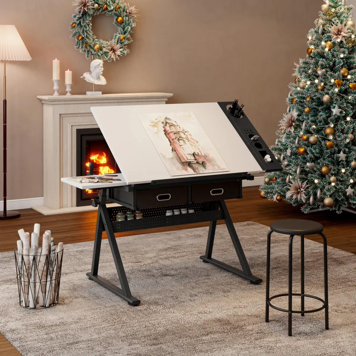 White MDF + Cast Iron Adjustable Drawing Drafting Table Desk (23.62in Width, Assembly Required) with 2 Drawers, Tiltable Board, 69cm-91cm Height-Adjustable Legs, Included Stool, 38.58in Length, 47.00lbs Weight, 150kg Load Capacity for Home Office & School