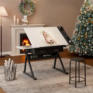 Adjustable Drawing Drafting Table Desk with 2 Drawers for Home Office School Tiltable MDF Board 69cm-91cm Height Adjustable Legs & Stool White
