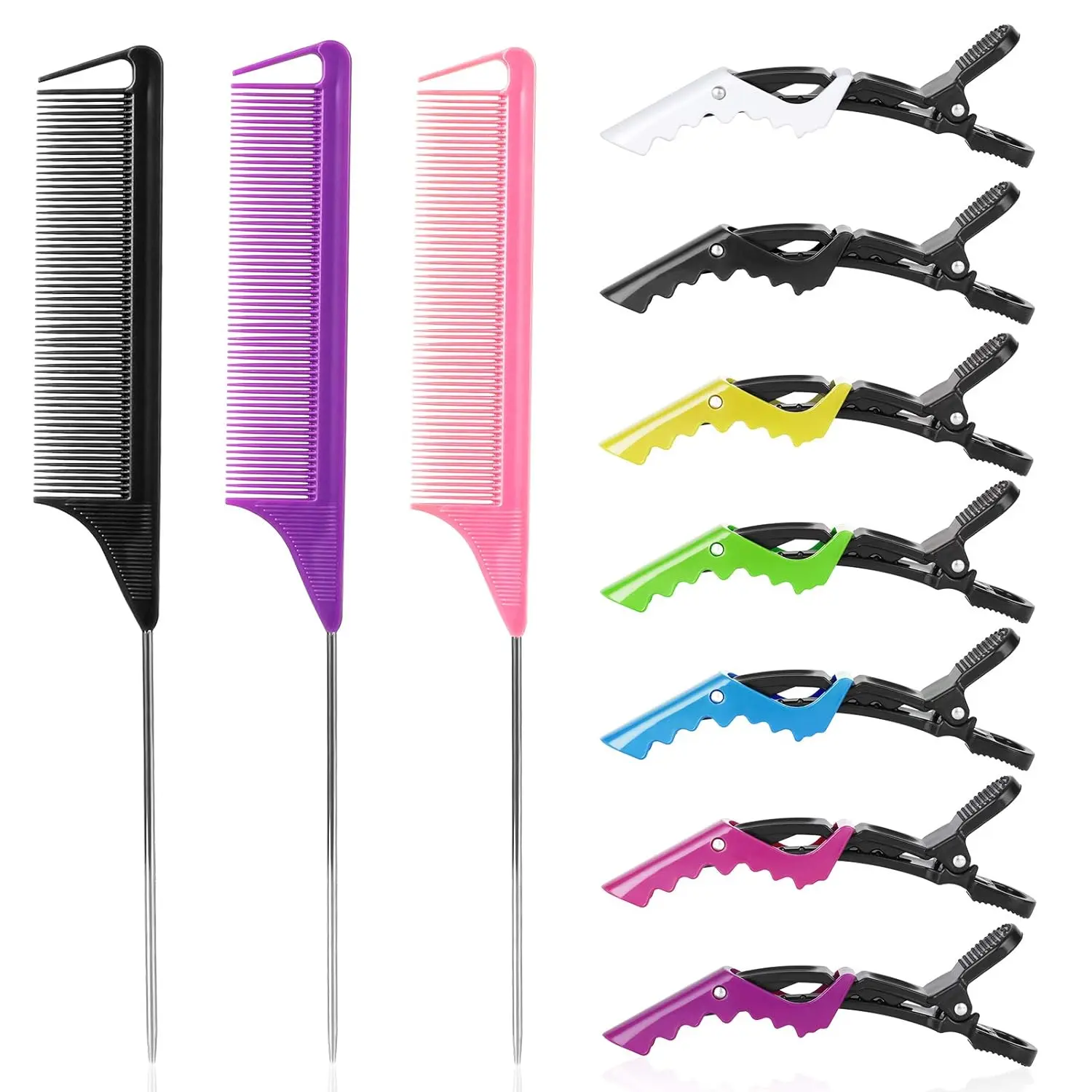 Professional 10 Piece Hair Styling Set with Rat Tail Combs & Sectioning Clips - Haircare Tools for Parting & Braiding, Home & Salon Equipment with Exceptional Performance for Adults, Home Styling Tool, Ladies, 10 Piece Set