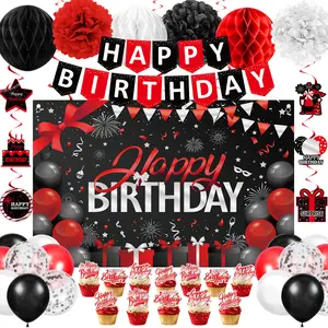 Birthday Decorations for Boys Girls,  15/1000  black redSilver Official Teenager Party Decorations, Happy  Birthday Backdrop, Banner, Balloons, Pompoms, Hanging Swirls, Birthday Card, Cake Topper Set 54pcs