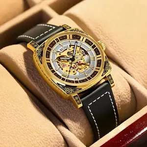 Vintage Skeleton Mechanical Movement, Perfect Holiday Birthday Gift for Men, Automatic Mechanical luxury dress Watch, Transparent mineral glass Dial/PU Leather Strap/No Battery Needed