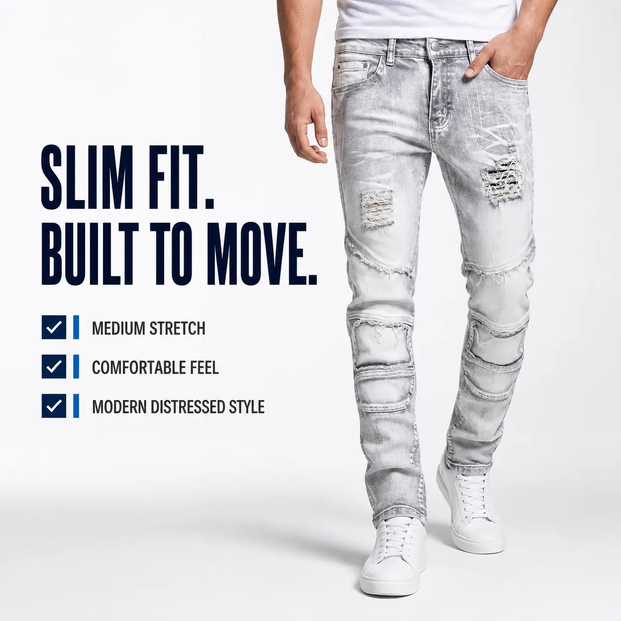 JUNBAOSS Fashion Mens Slim Fit Stretch Jeans Ripped Skinny Jeans for Men Distressed Straight Leg Casual Comfort Flex Waist Denim Pants Menswear Classic Street Style Cotton Fabric Jean Trouser Jeans with Pockets Streetwear Tops Beige Plain White Grey