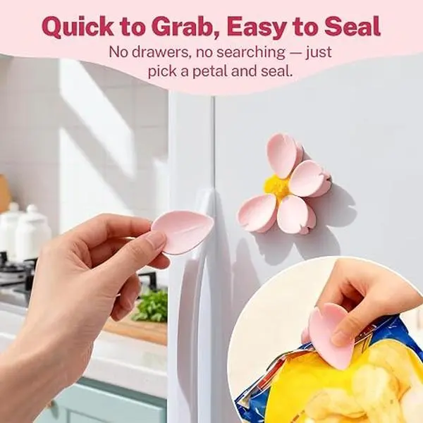 4-Piece Pink Cherry Blossom Cute Bag Clip Set,Decorative Magnetic Fridge Magnets, 4 Sets of 20 Fun Food Sealing Clips