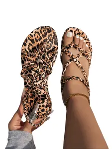 Stylish Women's Leopard Print Flat Sandals, Comfortable Woven Criss-Cross Straps, Bohemian Vacation Footwear for Beach Days, Leopard Print Slides