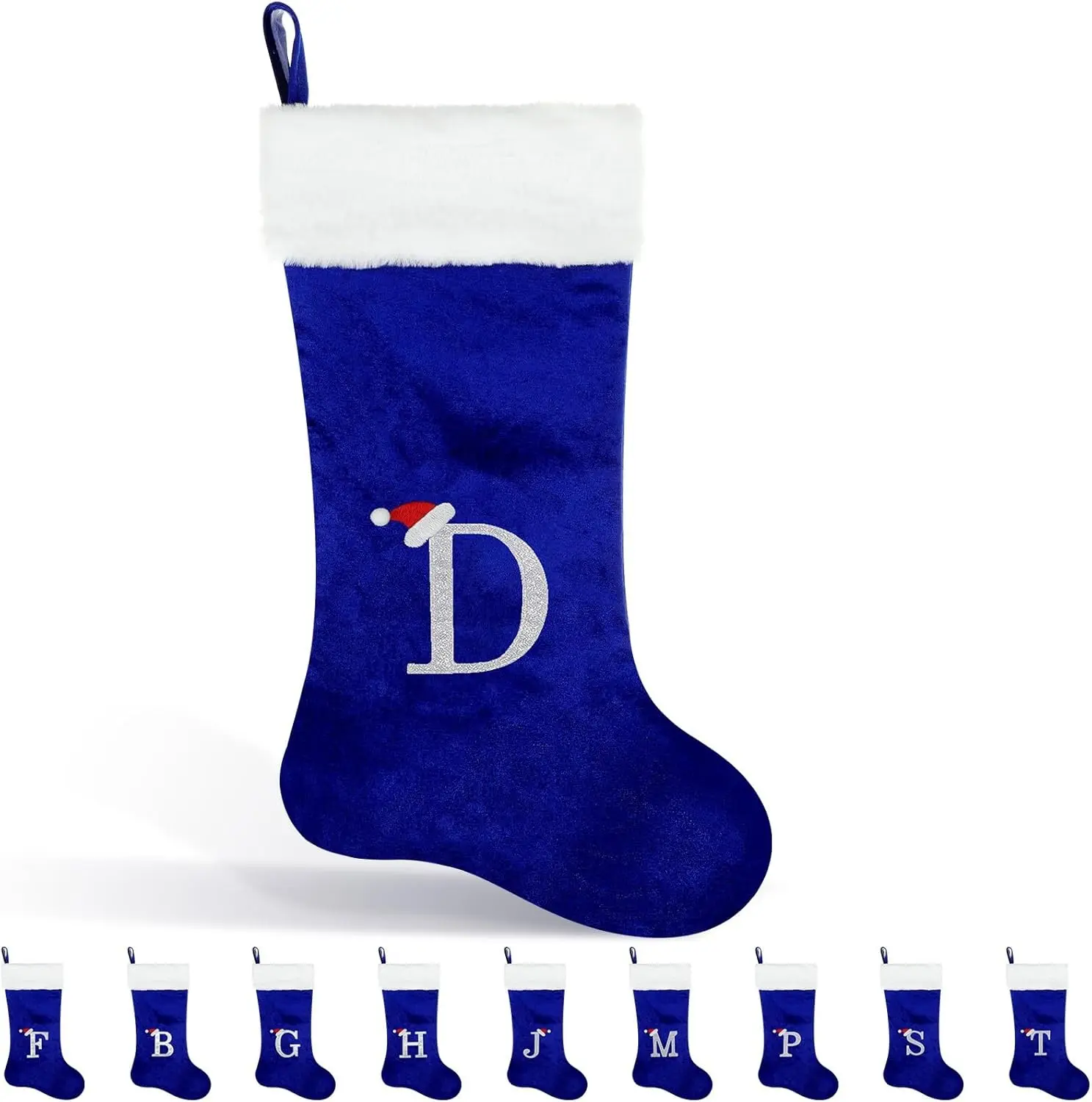 22 Inches Monogram Christmas Stocking with Letter Soft Velvet with White Plush Cuff Embroidered Initial Xmas Stockings for Christmas Holiday Fireplace Decoration Gifts(D Letter, Blue)