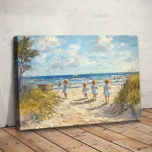 Wooden Frame Canvas Painting - 29.97x 39.88cm "Children Playing on the Beach" by Marie, Beach Scenery, Sailboat, Seagull, Sun and Sky, Suitable for Bedroom, Kitchen, Office, Bar, Farmhouse, Living Room Decoration, Beach Painting| Calm Beach Scenery| Detai