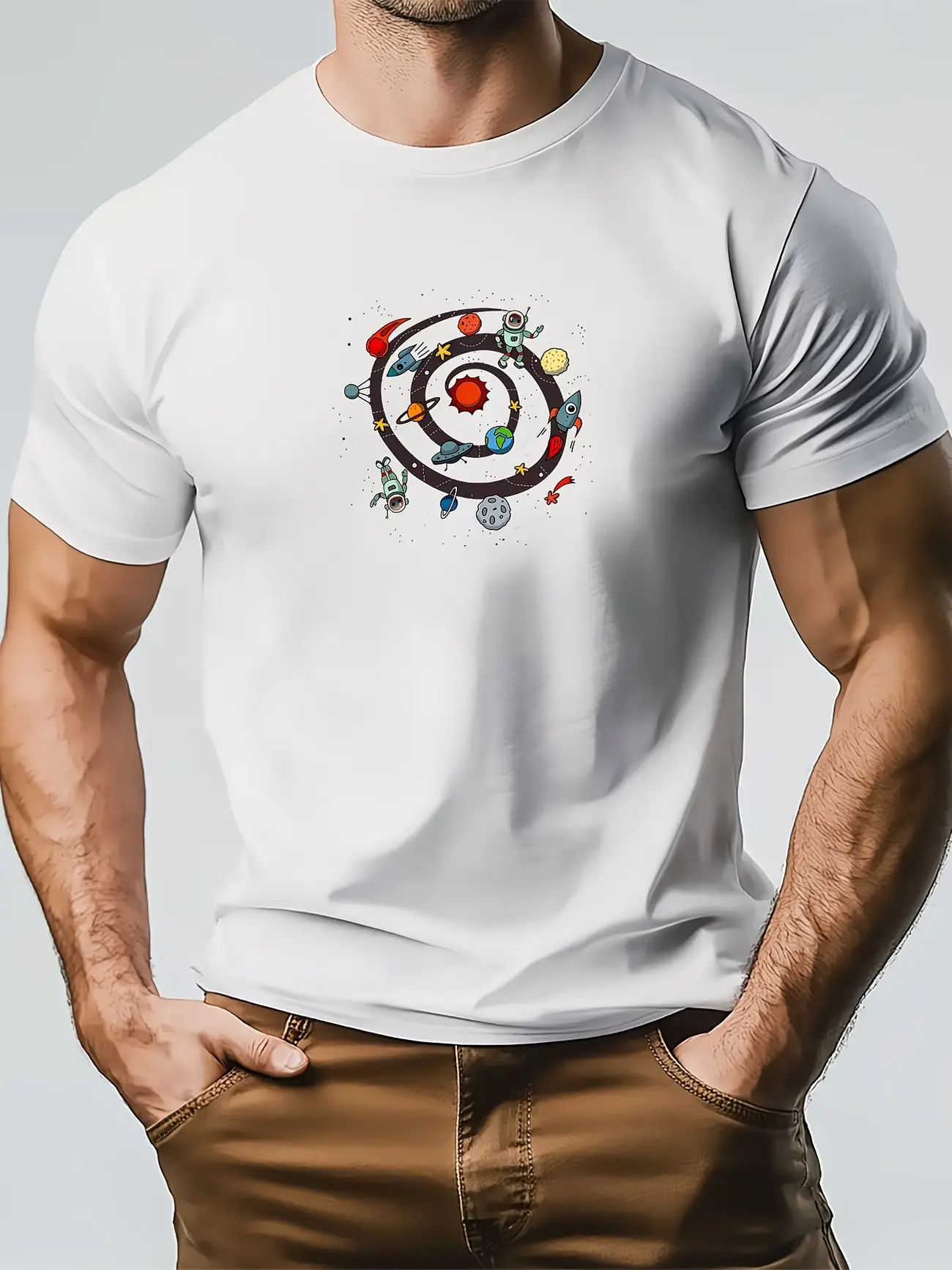 Cartoon Spiral Space Astronaut Planet Graphic T-Shirt, Kids Astronomy Rocket Crew Neck Tee, Unisex Oversized Cotton Casual Top
