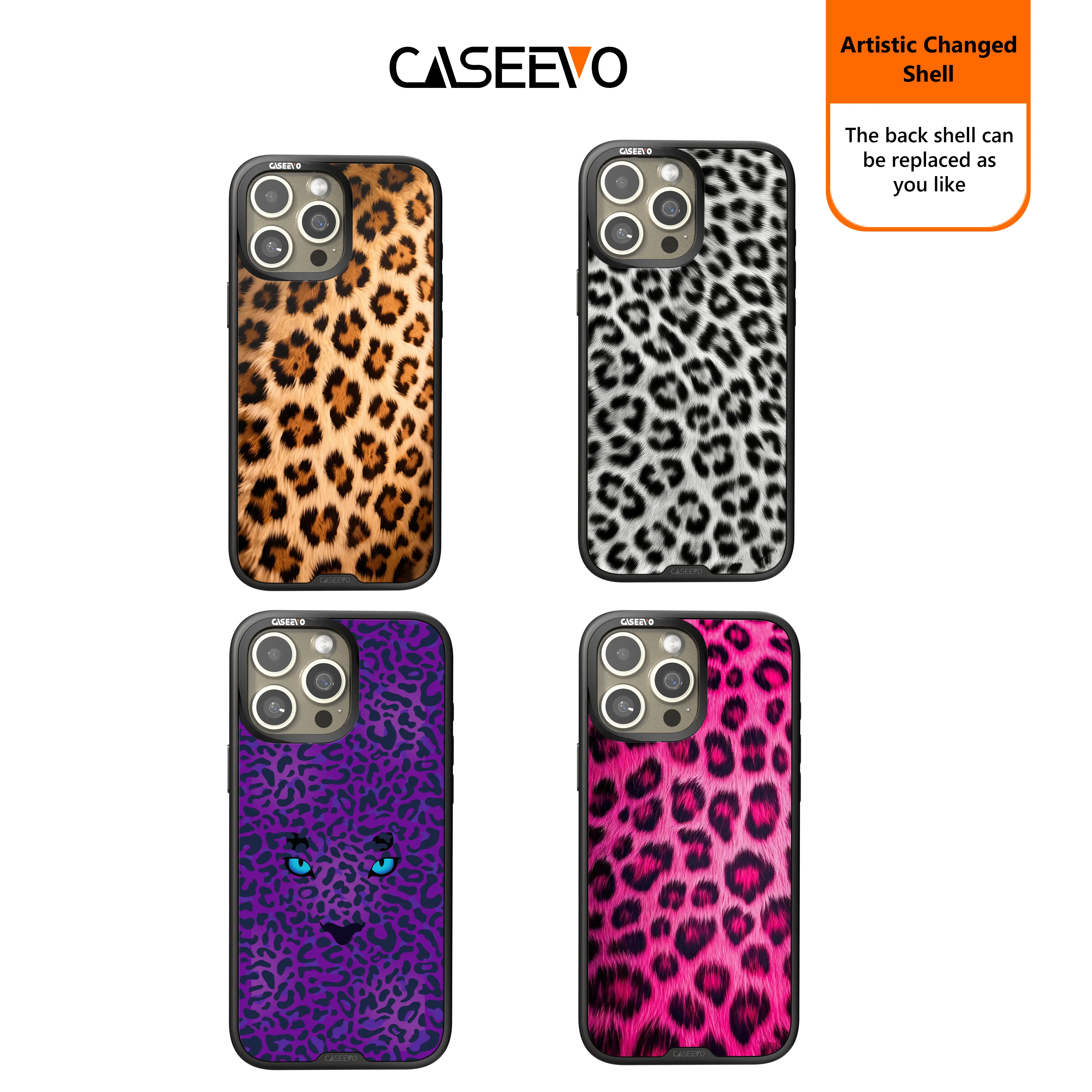CaseEvo Leopard print magnetic phone case with removable back cover compatible with Magsafe for iPhone 16/15/14  Four-color suit combination