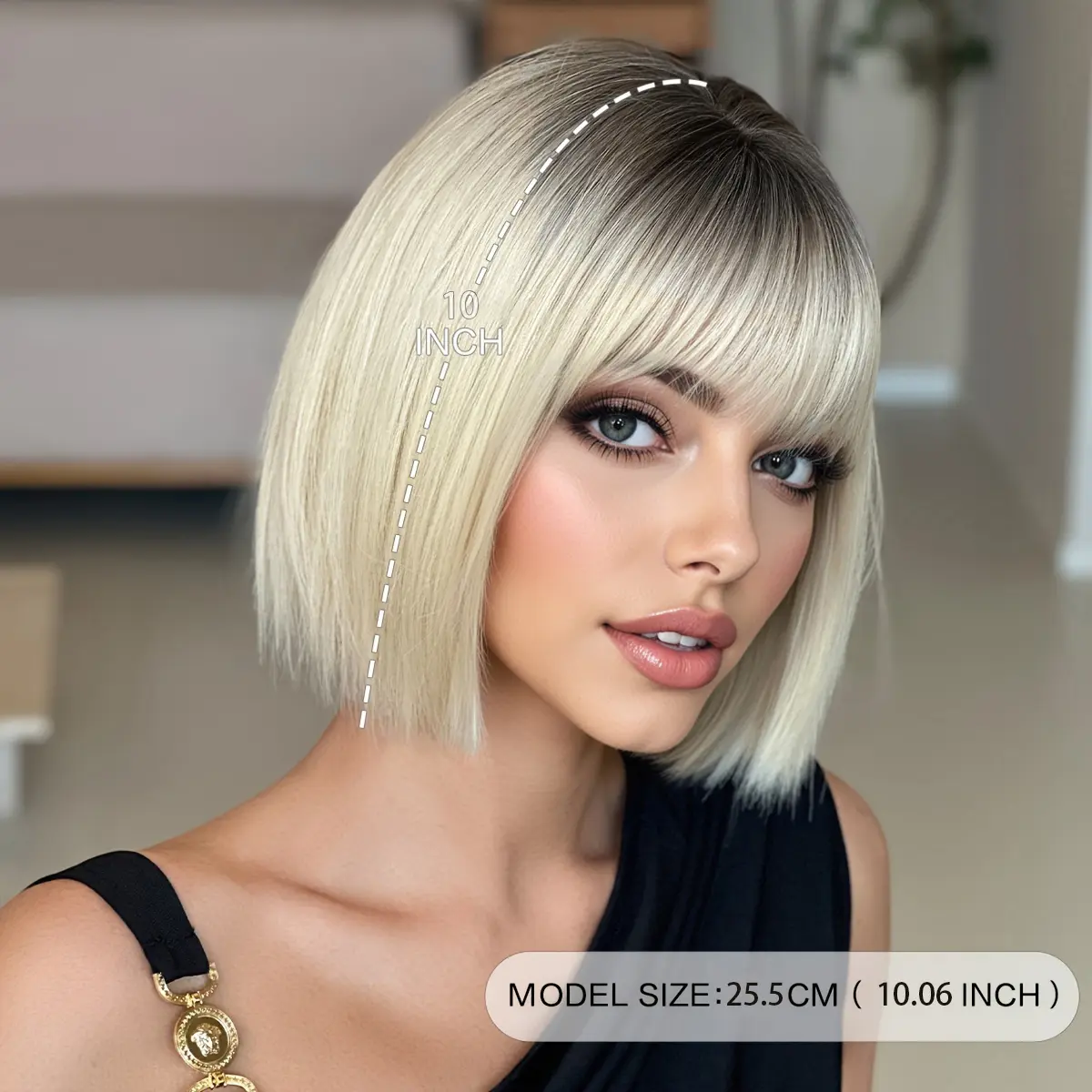 Women Blonde Heat Resistant Synthetic Straight Ombre Bob Wig Bangs 10 Inch Short Synthetic Ombre Bob Wig Blonde to Pink with Bangs Heat  main image 3