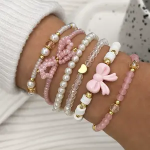 6-Piece Pearl & Bow Beaded Bracelet Set – Sweet European Style Jewelry