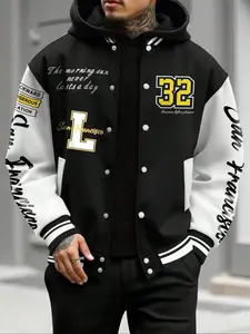 Men's Baseball Jacket Colorblock Letter Print Long Sleeve Fitted Pilot Coat, Preppy Style Winter Knit Outerwear, Casual Daily Wear, Battle Jacket