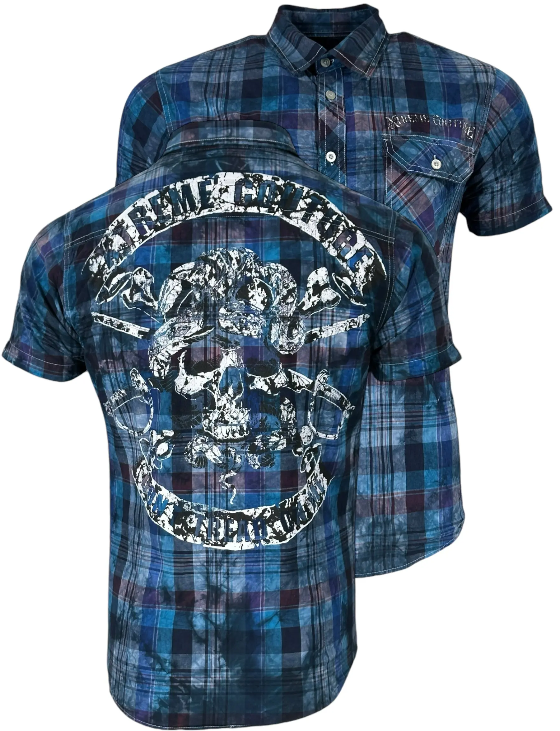 Xtreme Couture Menswear Crew Neck T-Shirt - Men's 100% Cotton Short-Sleeve Casual Top, Don't Tread Graphic, Blue Lava Wash, Button Details Patterned Streetwear Shirt