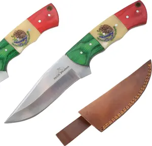 Old Ram Handmade "Mexico Flag" 8" Fixed Blade Knife, 4" Bone & Wood Handle, With Leather Carrying Case