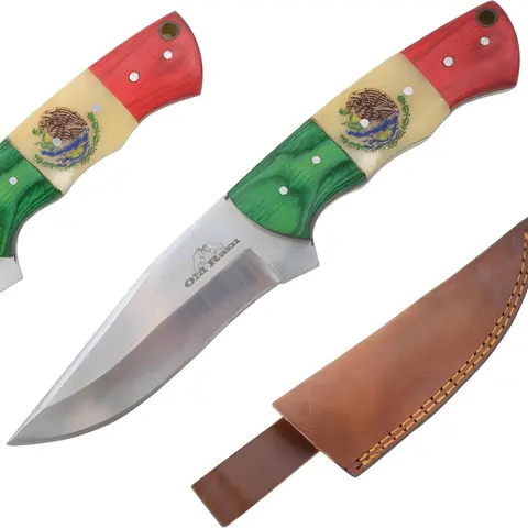 Old Ram Traditional Handmade Stainless Steel Mexico Flag 8-in Fixed Blade Cool Kitchen Knife - 4-in Bone & Wooden Handle Unisex Kitchenware, Durable Collectible, Everyday Use Cutting Tool with Leather Sheath Included