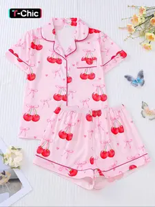 [Valentine's Day] Women's Casual Fitted Cherry Print Charming Graphics Sleepwear Set, Short Sleeve Lapel Open Front Top & Elastic Shorts, All-Season Ladies Loungewear Pajama Set Pyjamas Pjs Womenswear