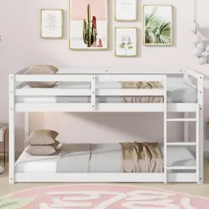 Low Bunk Beds Frame Twin Over Twin, Floor Bunk Bed Frame Junior Loft Bed, Wood Twin Bunk Bed with Safety Fences, White