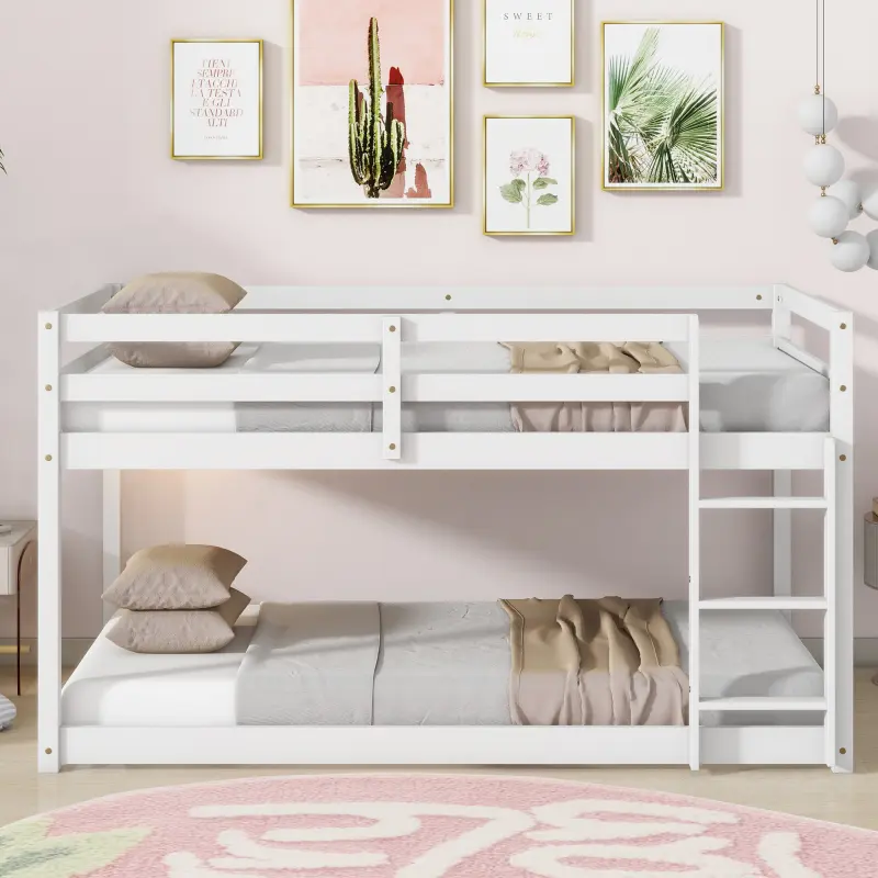 Low Bunk Beds Twin Over Twin Floor Bunk Bed Frame Junior Loft Bed for Kids Boys Girls Teens Wood Twin Bunk Bed with Safety Fences, White