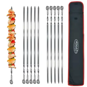 Hakka Stainless Steel Barbecue Skewers, 24" Heavy Duty Large Wide Grilling Reusable Kabob Sticks with NonSlip Ring Handle,Set of 10