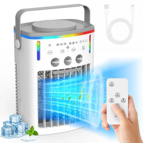 IPOW CF-530 Compact Portable Rechargeable Misting Ice Fan with Remote - 4-in-1 Quiet Cooling Humidifier, 3 Speeds, Timer, 7-Color Night Light, 1000ml Tank, 350 CFM Room Cool, 350 Sq Ft Coverage, for Bedroom, Camping, Desk