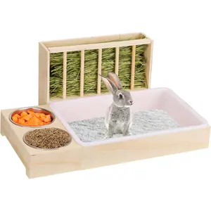 3 in 1 Rabbit Litter Box with Hay Feeder and Bowls - Wooden Rabbit Hay Feeder for Guinea Pig, Hamster, Small Animals