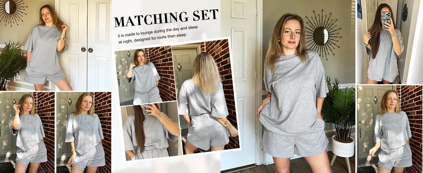 Imily Bela Womens 2 Piece Outfits 3/4 Sleeve Tops and Elastic Waist Shorts Lounge Sets Loungewear