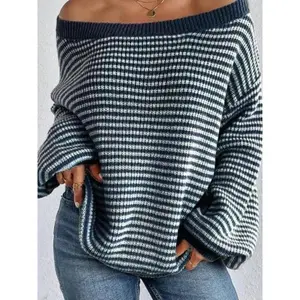 Women's Striped Pattern Drop Shoulder Long Sleeve Knitted Sweater, Casual Loose Fit Bishop Sleeve Boat Neck Jumper for Everyday Daily Outdoor Wear, Ladies Knitwear for Fall & Winter, Tops for Women, Navy Blue