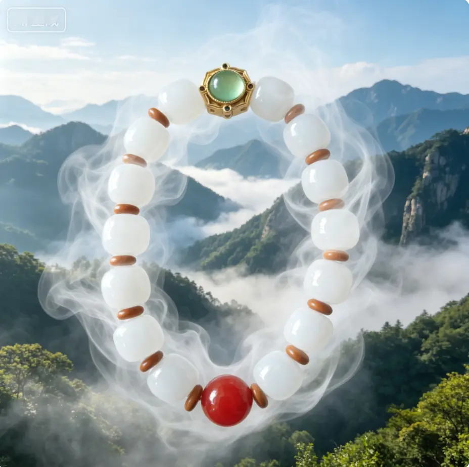 White Jade Barrel Bead Bracelet Taoist Five Elements Balance Red Agate Green Gem Spiritual Bracelet For Women