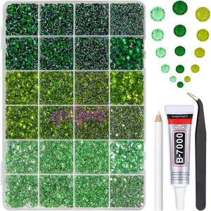 2mm-6mm 3 Color Green Series Crystal Resin Rhinestones w B7000 Jewelry Glue for Bedazzling Crafting Flatback Stones Gems Diamonds for Nails Face Eyes Makeup Tumblers Bottles DIY Crafts Clothes
