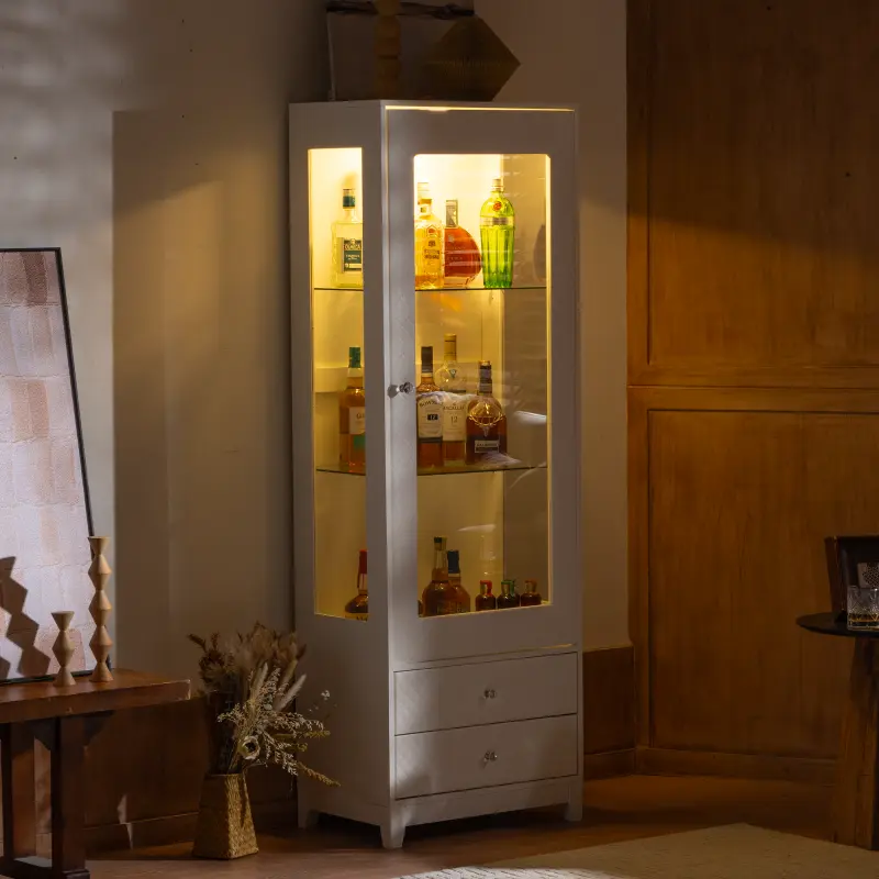 71'' Tall Display Storage Cabinets with Single Upholstered Glass Door Wine Cabinet with 5 Colors Adjustable LED Ceiling Light for Living Room, Home, Bar, Studio or Workspace