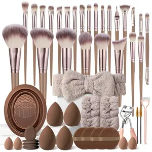 Brown Makeup Brush Set, Cosmetic Brush Set, 49Pcs Makeup Brushes Set Professional Kit for Beginner, Synthetic Foundation Concealers Powder Eye Shadows Blush Makeup Brushes with Makeup Sponge, Small Loose Powder Puff, Eyelash Curler, Cleaning Brush