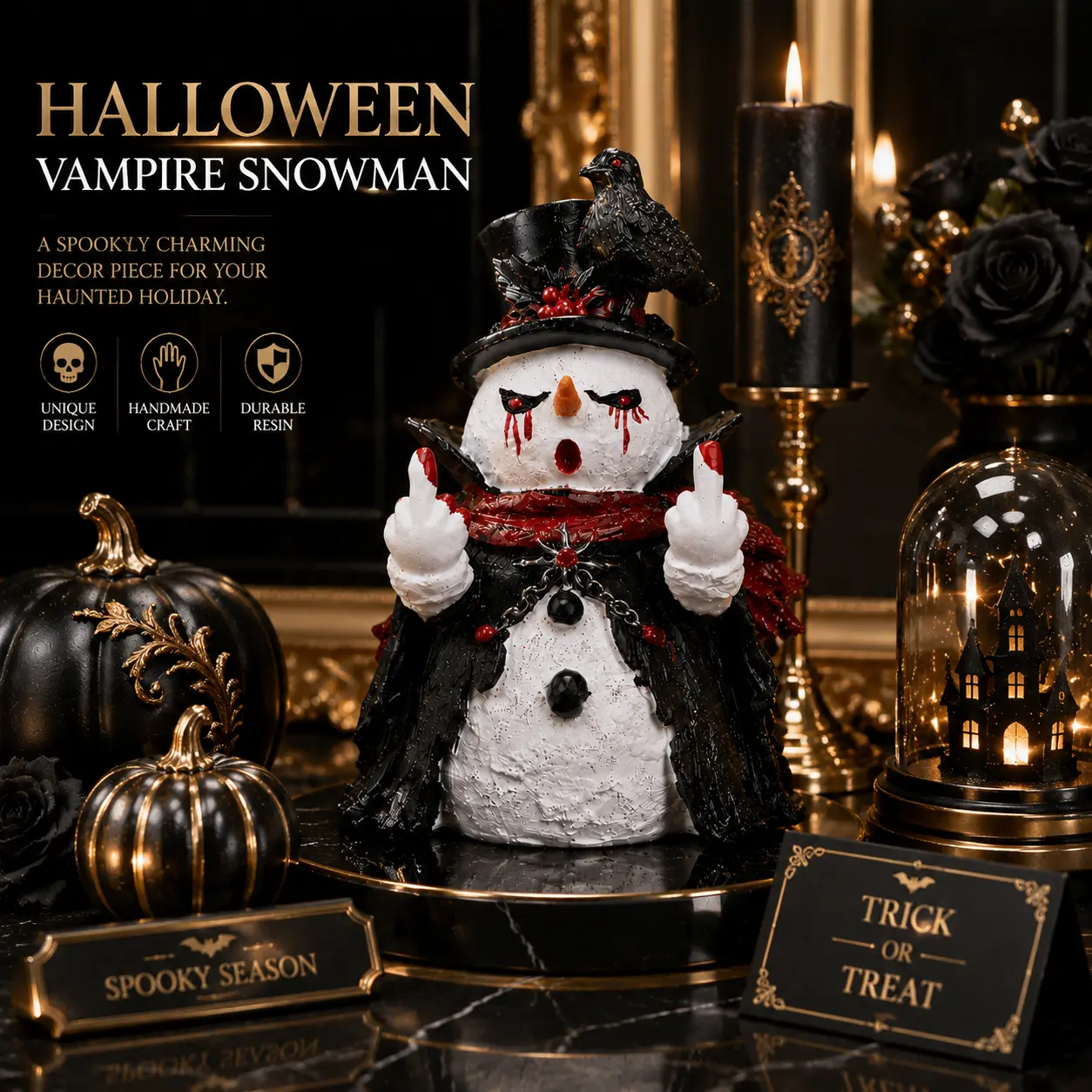 HODAO Halloween Vampire Snowman Resin Figurine with Middle Finger, Spooky Gothic Creepy Snowman Statue, Funny Raven & Vampire Cloak Decor for Tabletop Home Party Gift
