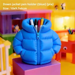 3D printed down jacket pen holder, PLA material, blue, dimensions 10x9.7x6 cm. A desktop organizer, unique stationery organizer, fun decorative item; suitable for model display, children's toys, personalized pen holder, and birthday gift.