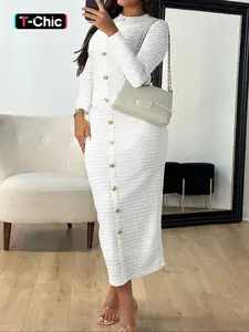 Elegant Chic Casual Long Sleeve Maxi Dress for Women, Womenswear, Garment, Thin Knitted Fabric Perfect for All Seasons, Fitted Plain Minimalist Design for Stylish Comfort