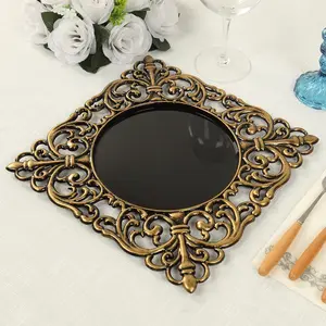 6-Pack Acrylic Square Charger Plates 12" in Black with Antique Gold Hollow Lace Border, Event Tabletop Decorative Charger Tableware