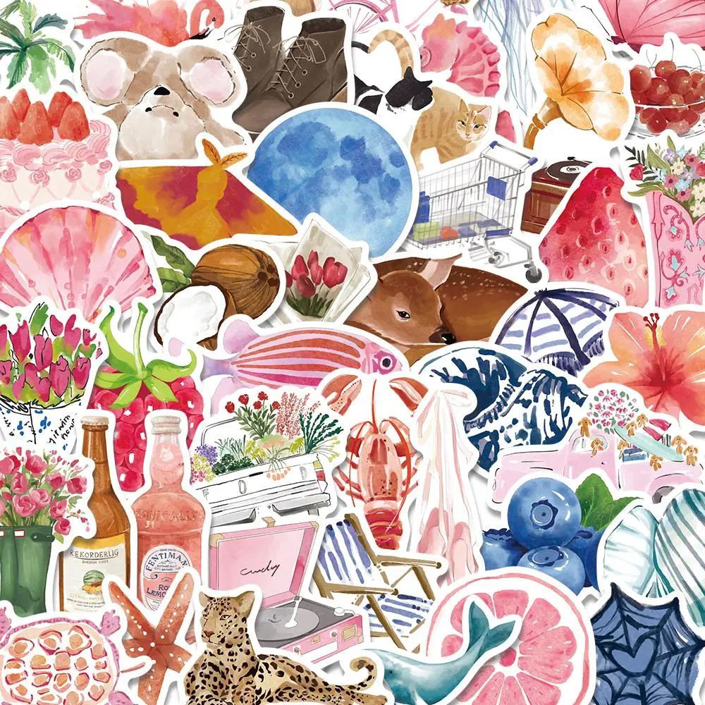 Watercolor Sticker Packs, 50pcs/set Waterproof Self Adhesive Decor Paper, Decorative Stickers Art Stickers for Gift Greeting Card Water Bottle Laptop Phone, Ornaments
