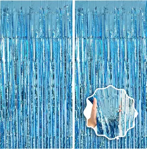 Blue Streamers Party Decorations 3.3x8.2ft 2 Pack Light Blue Tinsel Foil Fringe Curtain Backdrop Ocean Themed Party Decor Photo Booth Props for Birthday Baby Shower Bachelorette Door Hanging Wedding