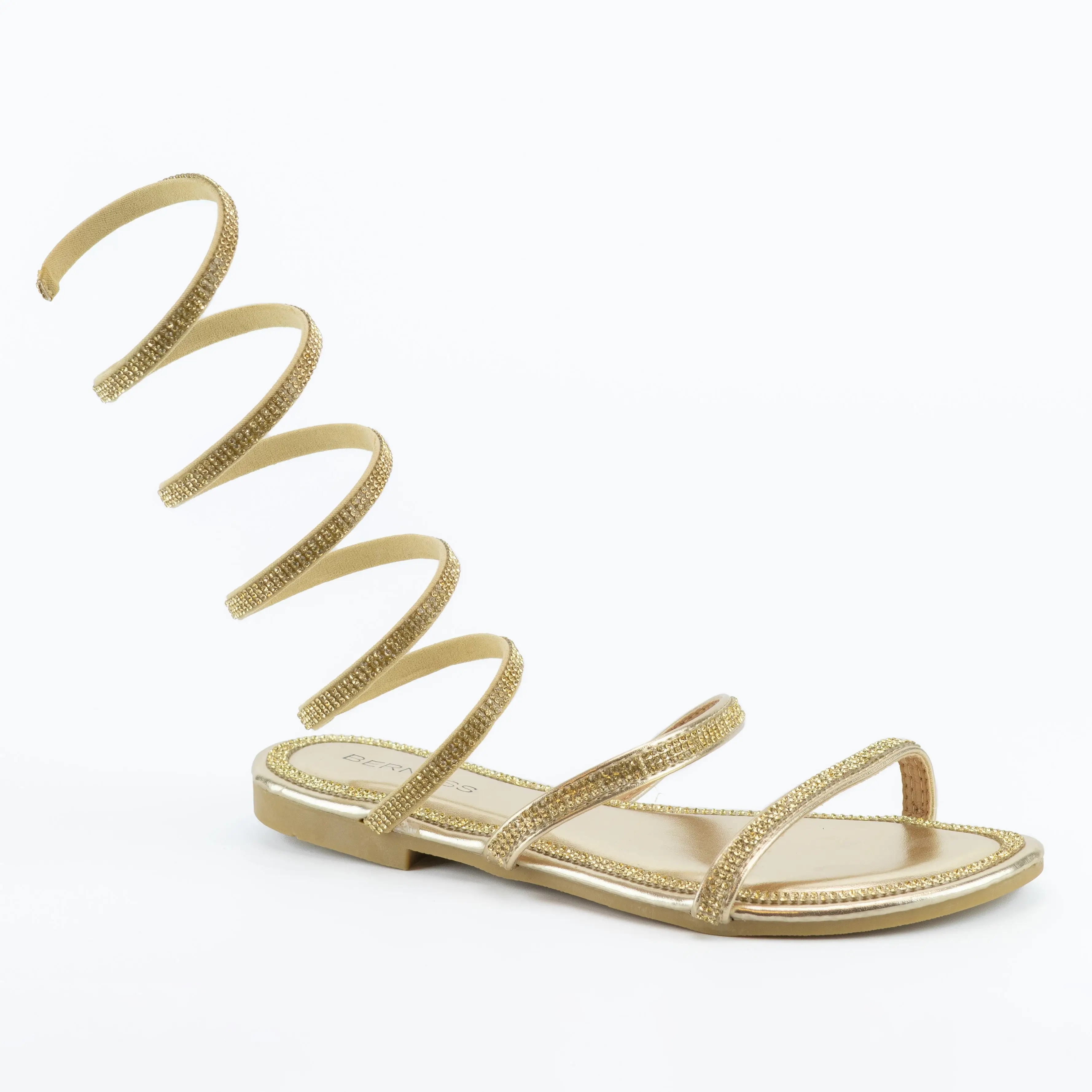 Raquel - Spiral Coil Strap Sandals with Rhinestone Detailing, Open Rounded Toe & Flat Sole for Glamorous Yet Comfortable Summer Style