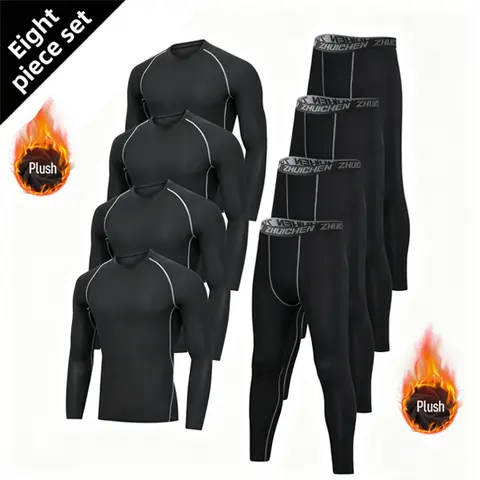 Men's 8-Piece Warm Velvet Snug Cut Thermal Underwear Set - Thermal Top, Cotton Leggings, Colorblock Sports Clothing for Running, Night Run, Training (Unisex Option Included)