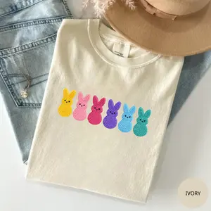 [Embroidered] Comfort Colors Colorful Easter Bunnies T-Shirt, Pastel Bunny Graphic Tee, Cute Spring Easter Outfit Shirt, Funny Bunny Gift for Kids & Adults