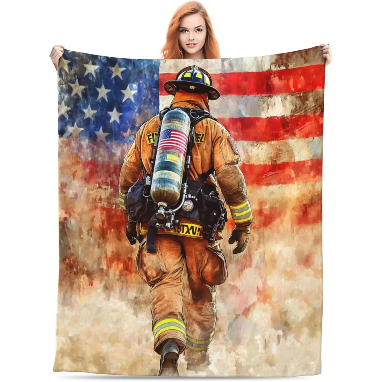 Firefighter and American Flag Blanket Gifts for Women Men Adults, Fireman Themed Throw Blankets, Soft Cozy Lightweight Plush Throws for Living Room Sofa Couch Home Decor 50x60in