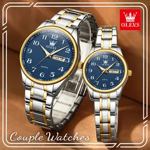 Romantic Couple Watch Set! OLEVS 5567 Two-Tone Blue Dial Watches, 40mm Men & 29mm Women Easy-Read Dial, Luminous Hands, Dual Day & Date, Water Resistant, Perfect Gift For Lovers On Valentine’s Day & Anniversary