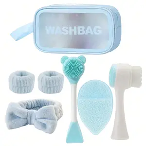 7PCS Spa Headband Wristband Set, with Hair Clips,Hair Tie,Sleep Eye Mask,Facial Cleansing Brush,Clear Toiletry Bag for Washing Face Skin Care Puffy Makeup
