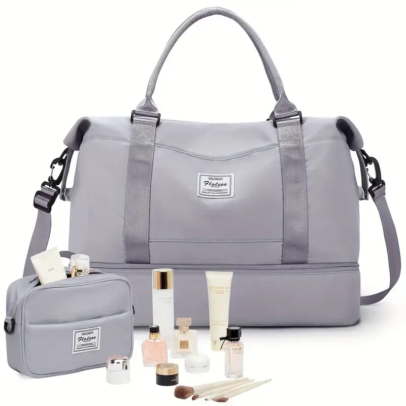 Travel Duffle Bag with Toiletry Bag, Weekender Overnight Bag for Women Carry on Bag Hospital Holdalls, Men Casual Sport Gym Tote Bag Personal Item Bag for Airlines with Wet Pocket Grey
